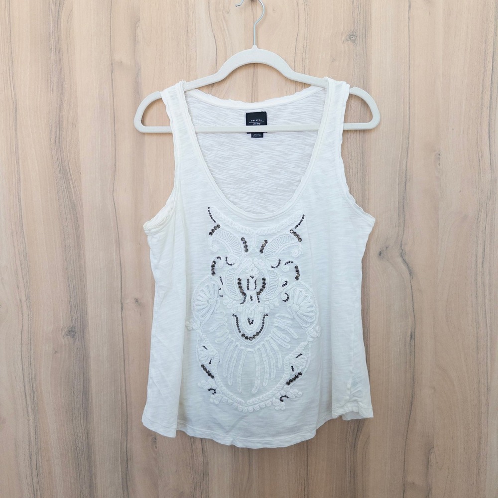 Anthropologie Deletta‎ Embroidered Beaded Tank Top XL White Slub Cotton Boho